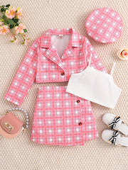 Girl's 4pcs Plaid Blazer & Beret Hat Set