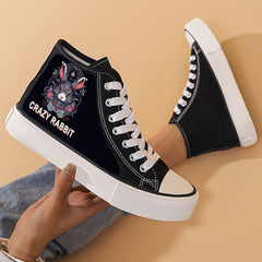 Women's Rabbit & Letter High Top Canvas Shoes Lace Up