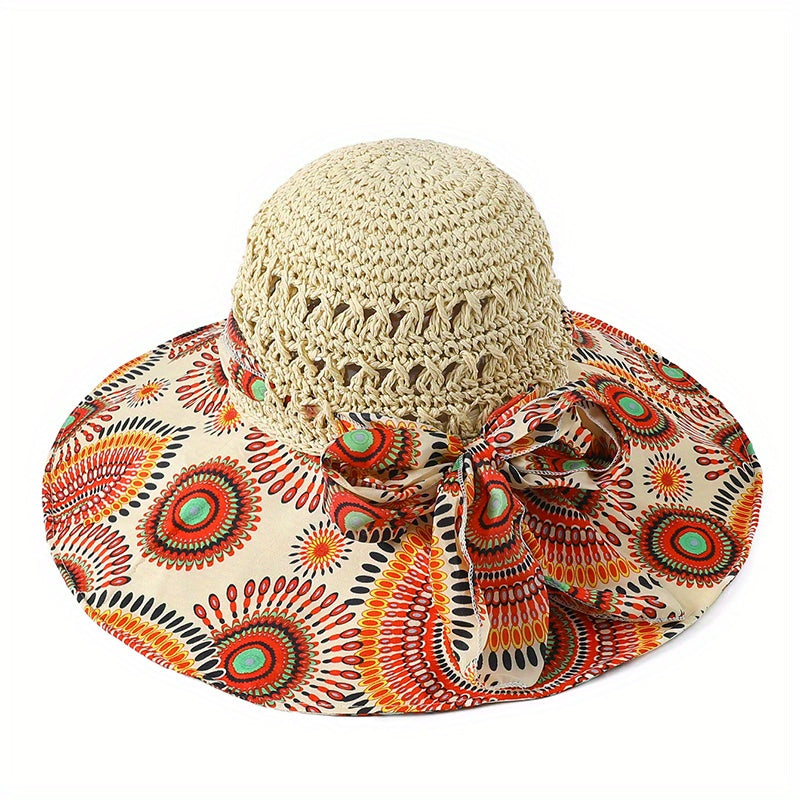 Boho Crochet Sun Hat Wide Brim Straw Hat Bowknot Fisherman Cap
