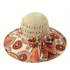 Boho Crochet Sun Hat Wide Brim Straw Hat Bowknot Fisherman Cap