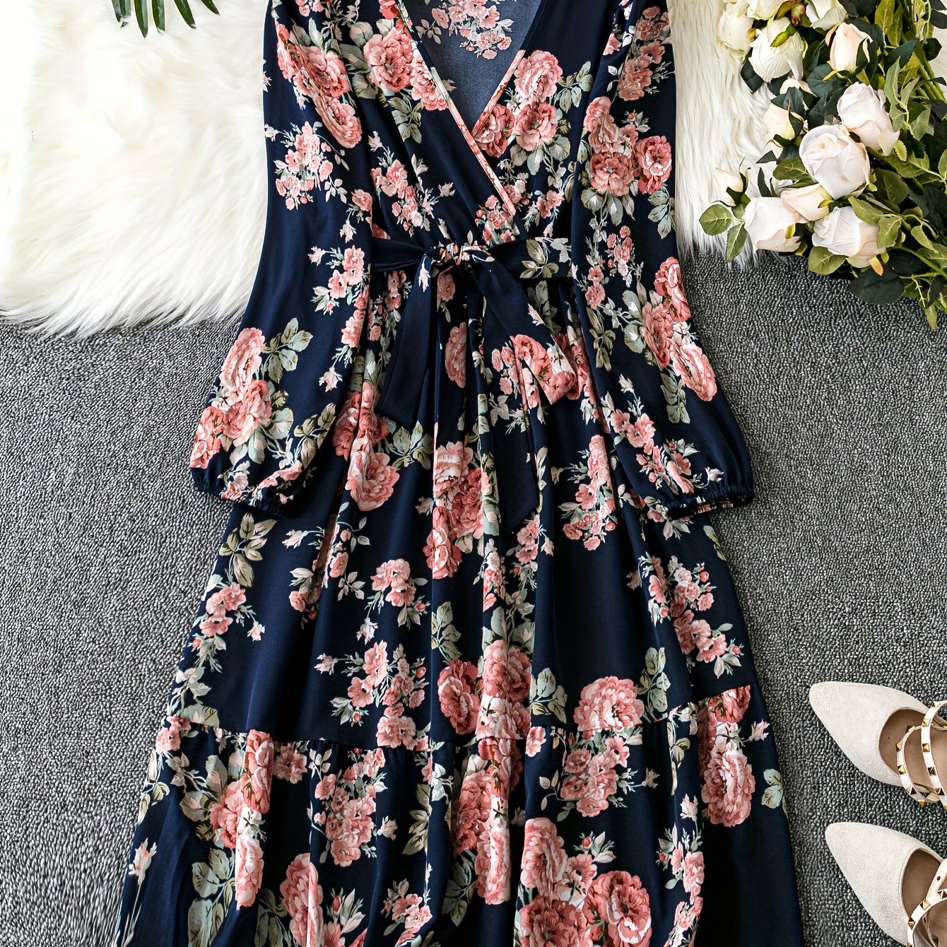 Women's Plus Floral Print Lantern Sleeve Surplice Neck Maxi Dress