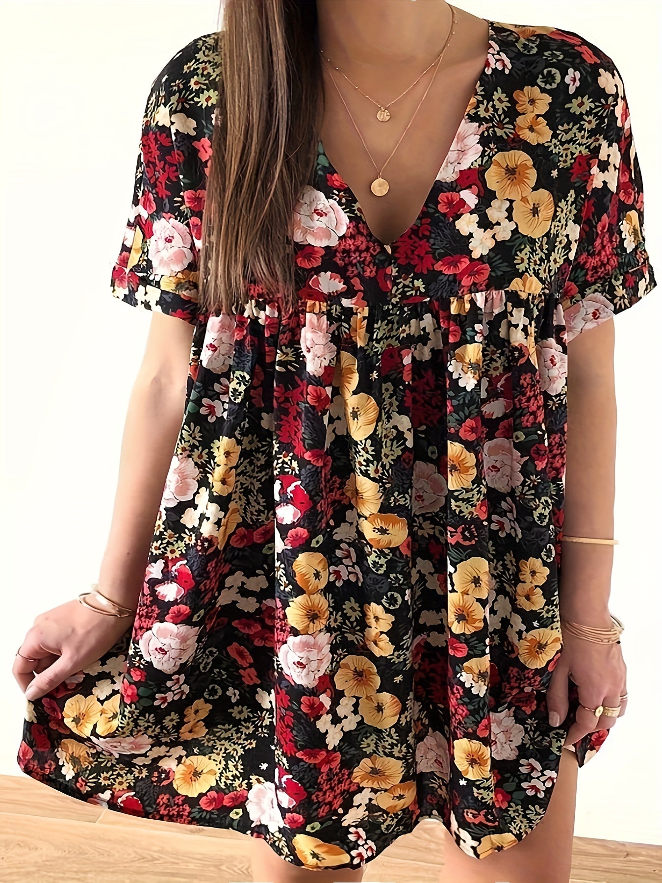 Floral Print V Neck Mini Dress