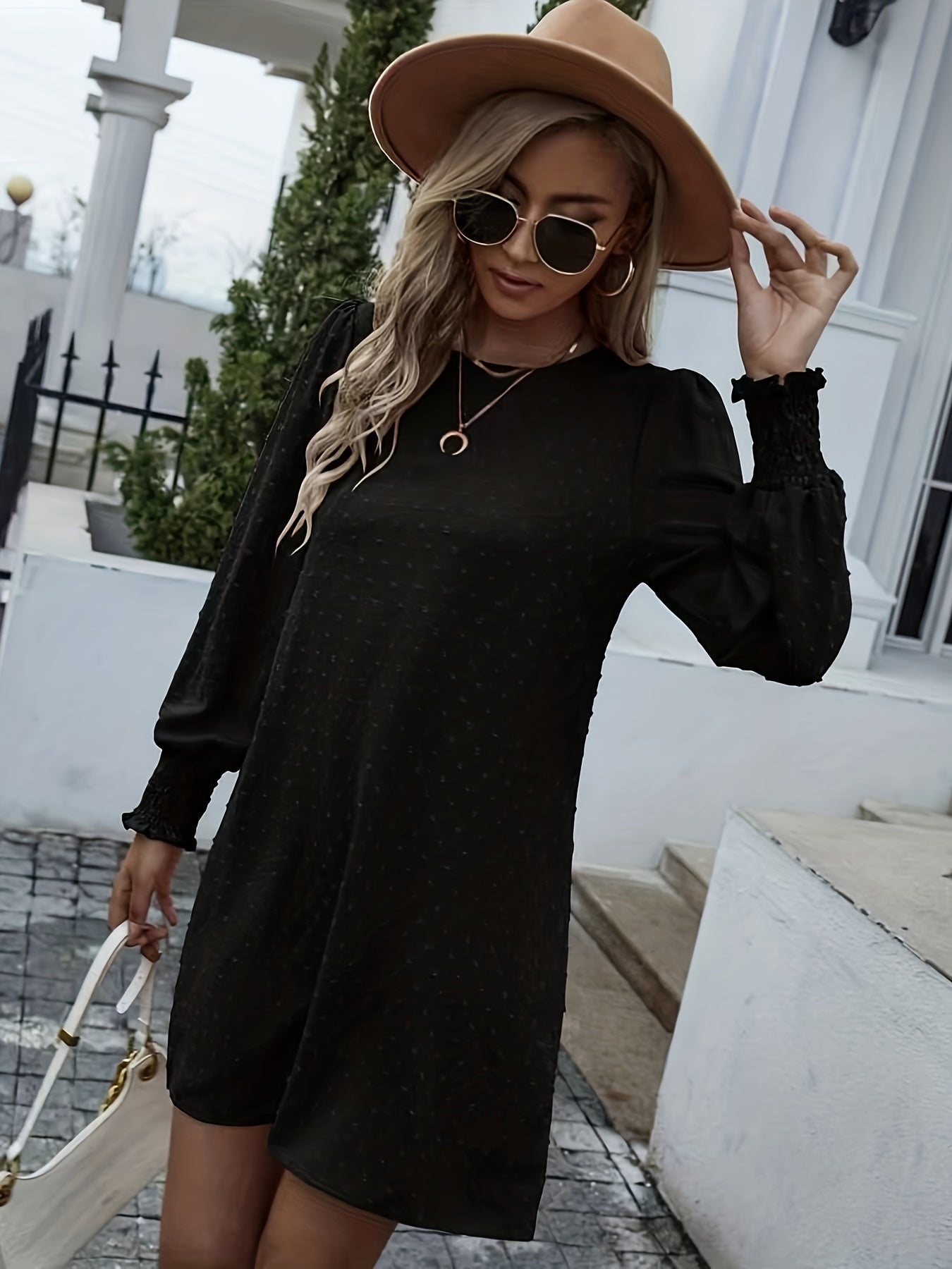 Keyhole Long Sleeve Crew Neck Dress Women's Clothing
