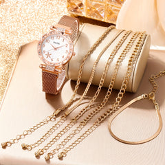 Rhinestone Studded Quartz Watch & 6 Bracelets Set