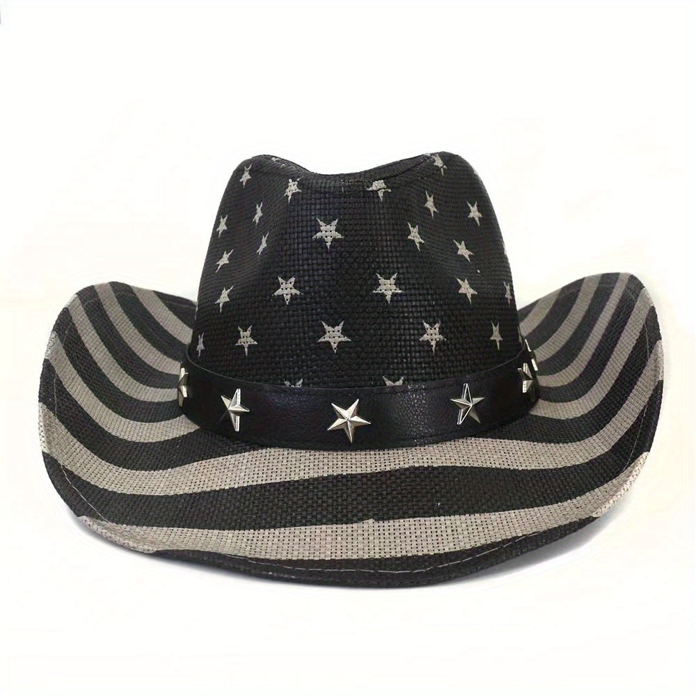 Vintage Flag Cowboy Hat Classic Western Style Sun Hat Unisex Straw Cowgirl Hat
