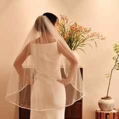 Long Bridal Veil with Beaded Detail Satin V Neck 3 4 Sleeve