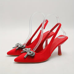 Rhinestone Bow Kitten Heels Slingback Sandals