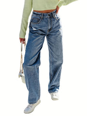 Ripped High Rise Loose Fit Straight Leg Jeans