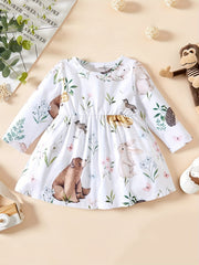 Baby Girl's Animal Print Dress Pleated Long Sleeve Dress