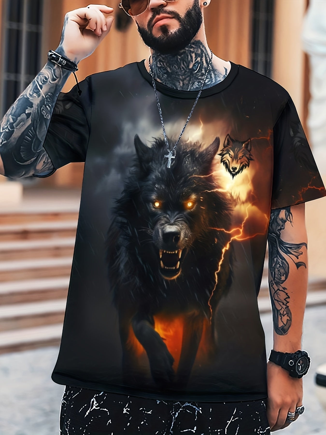Men's Wolf Graphic T-shirt Casual Tee for Outdoors