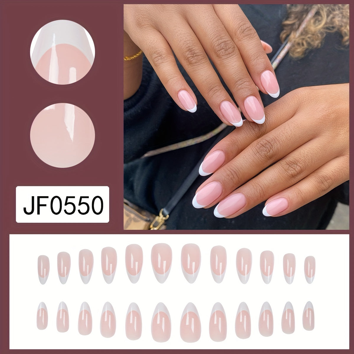 24pcs Glossy Pink French Tip Press On Nails Short Full Cover Almond False Nails