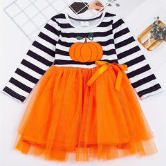 Toddler Girls Halloween Tutu Dress Ghost & Striped Print With Bowknot