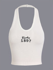 Embroidered Halter Top Sexy Crew Neck Summer Sleeveless Top