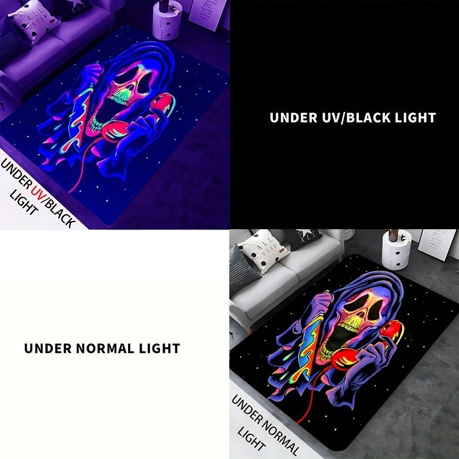 UV Light Flannel Luminous Rug Skull Pattern Non Slip Mat Bedroom Living Room