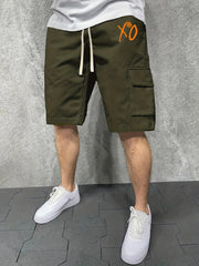 XO Pattern Comfy Shorts Men's Solid Knee Elastic Waist Drawstring Shorts