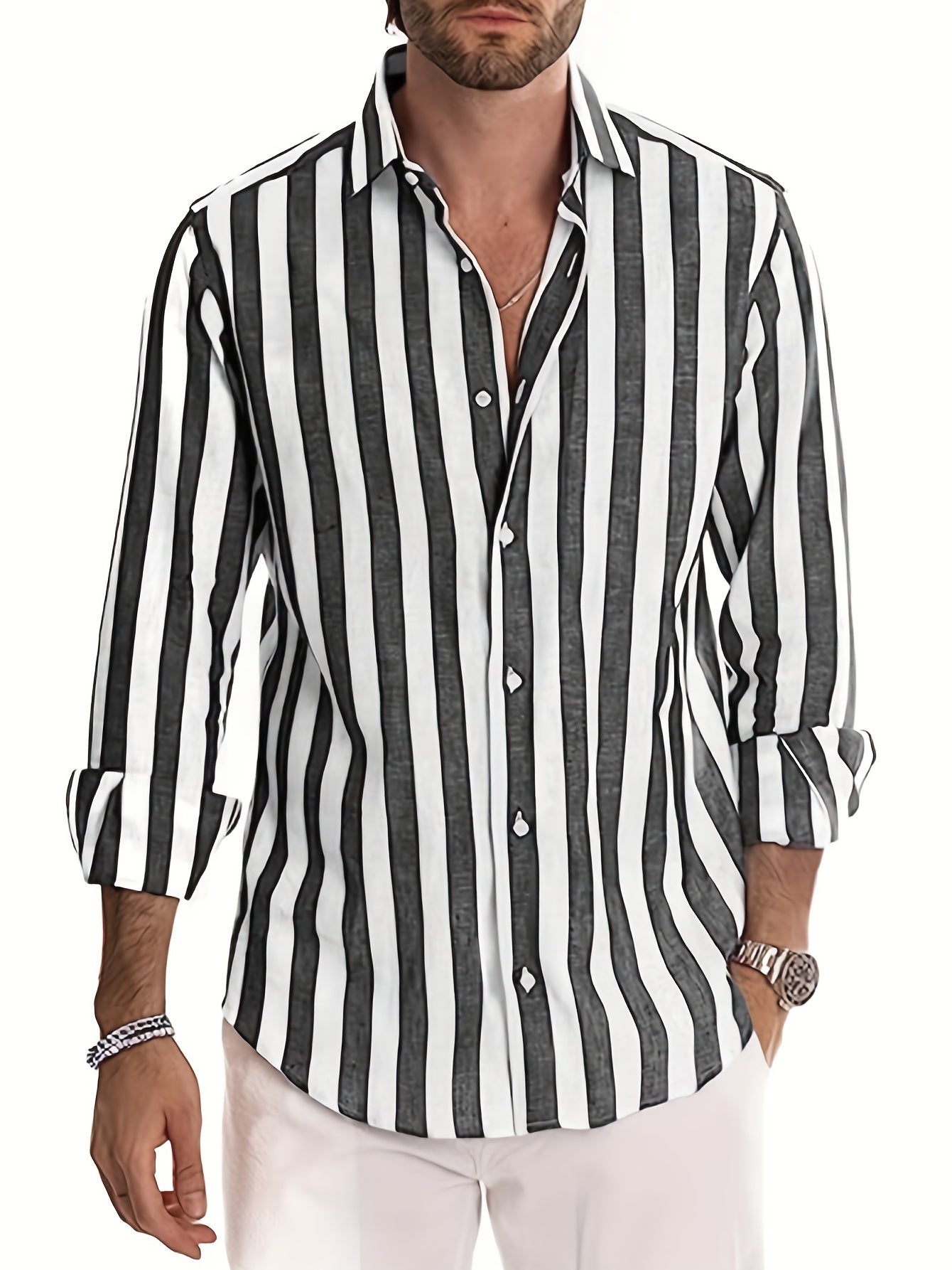 Men's Vertical Striped Casual Shirt Long Sleeves Regular Fit