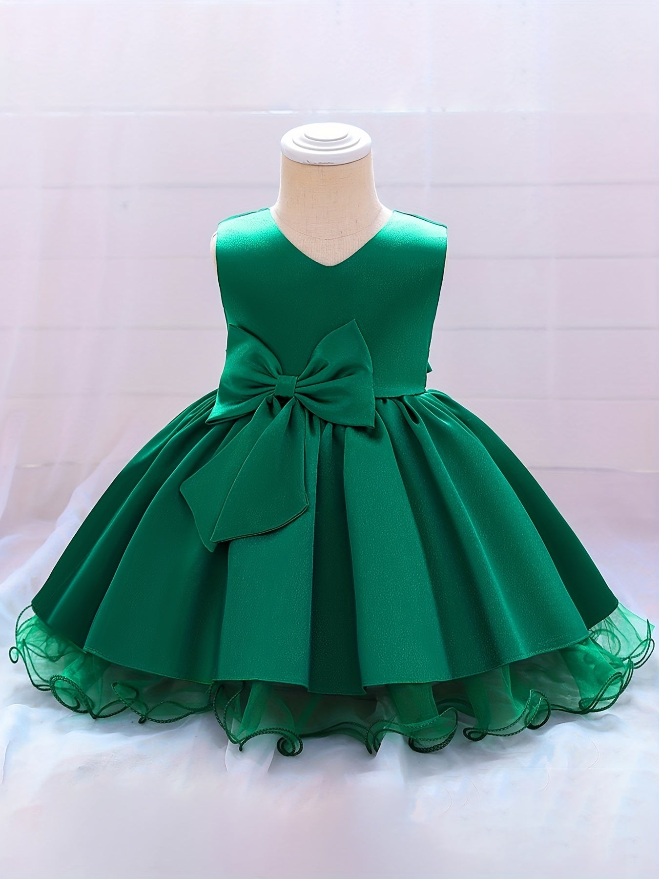Baby Girls Princess Dress with Bowknot V Neck Mesh Trim