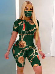 Chain Print Casual Two piece Set Crew Neck Short Sleeve T shirt & Bodycon Shorts