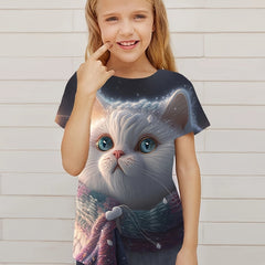 Winter Cat Graphic T shirt Girls Short Sleeve Tees Summer Clothes
