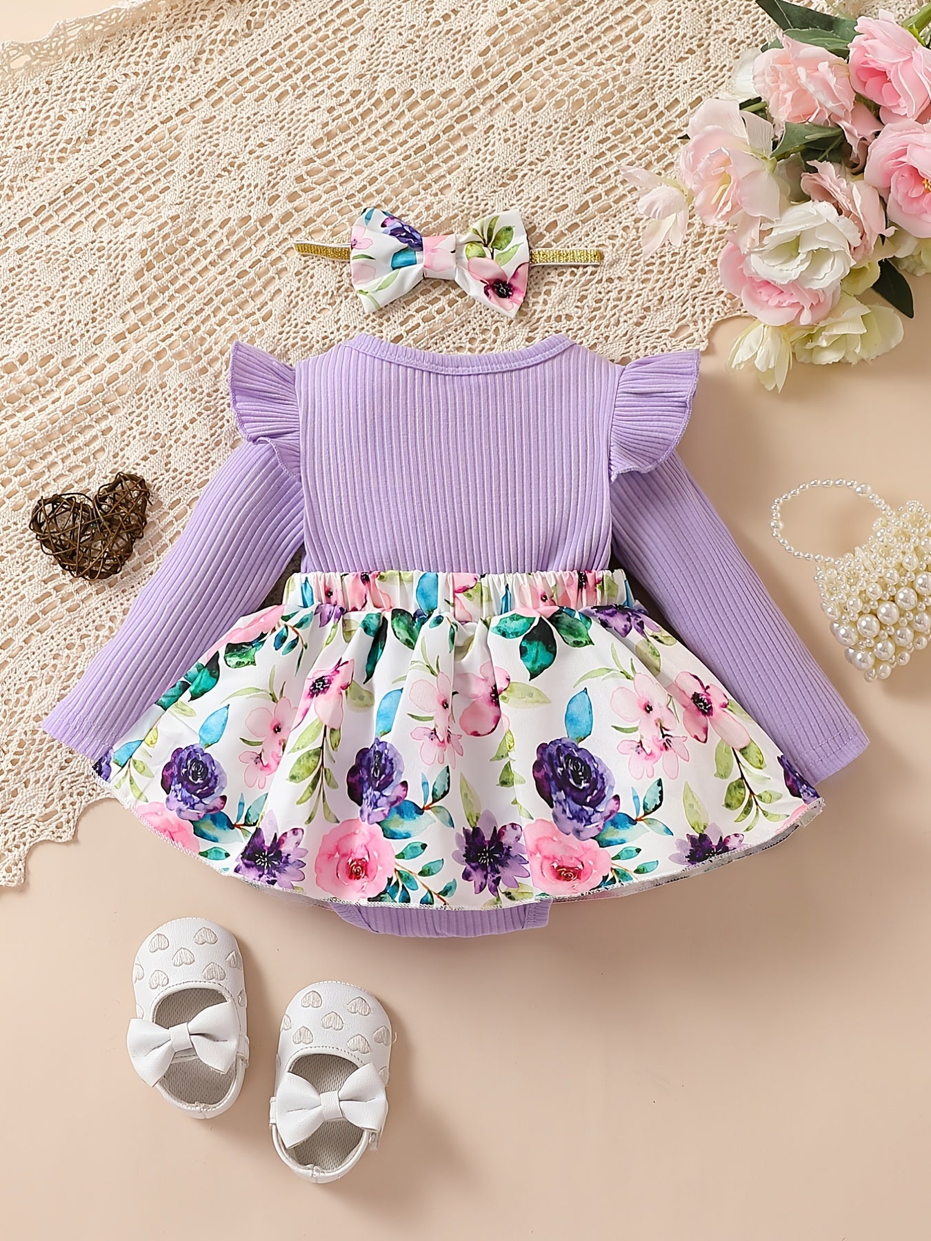 Baby Girls Floral Romper Headscarf Set