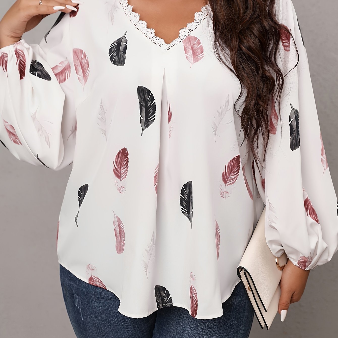 Women's Plus Feather Print Lace Trim Long Sleeve V Neck Tunic Top