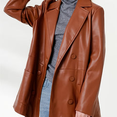 PU Leather Double Breasted Blazer Long Sleeve Lapel