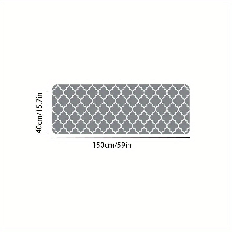 Grey Geometric Moroccan Kitchen Rug - Absorbent Non Slip Floor Mat