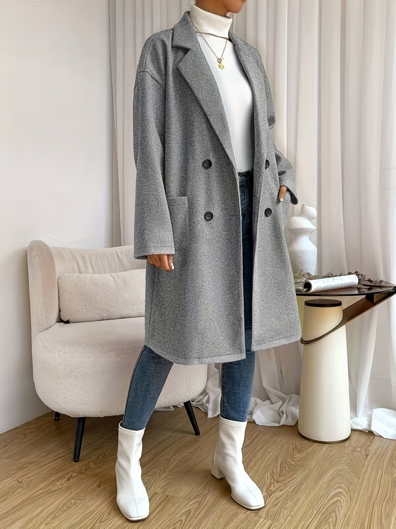 Double Breasted Lapel Overcoat Casual Long Sleeve Pockets Overcoat