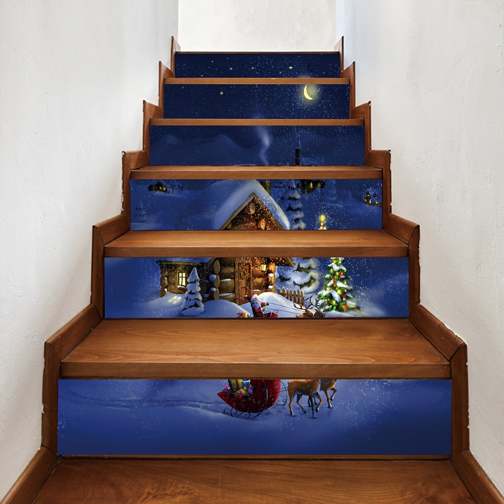 6pcs Christmas Stairs Stickers 99 X 17 Self Adhesive Santa Claus Decor