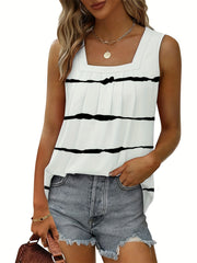 Striped Print Ruched Tank Top Square Neck Sleeveless Casual