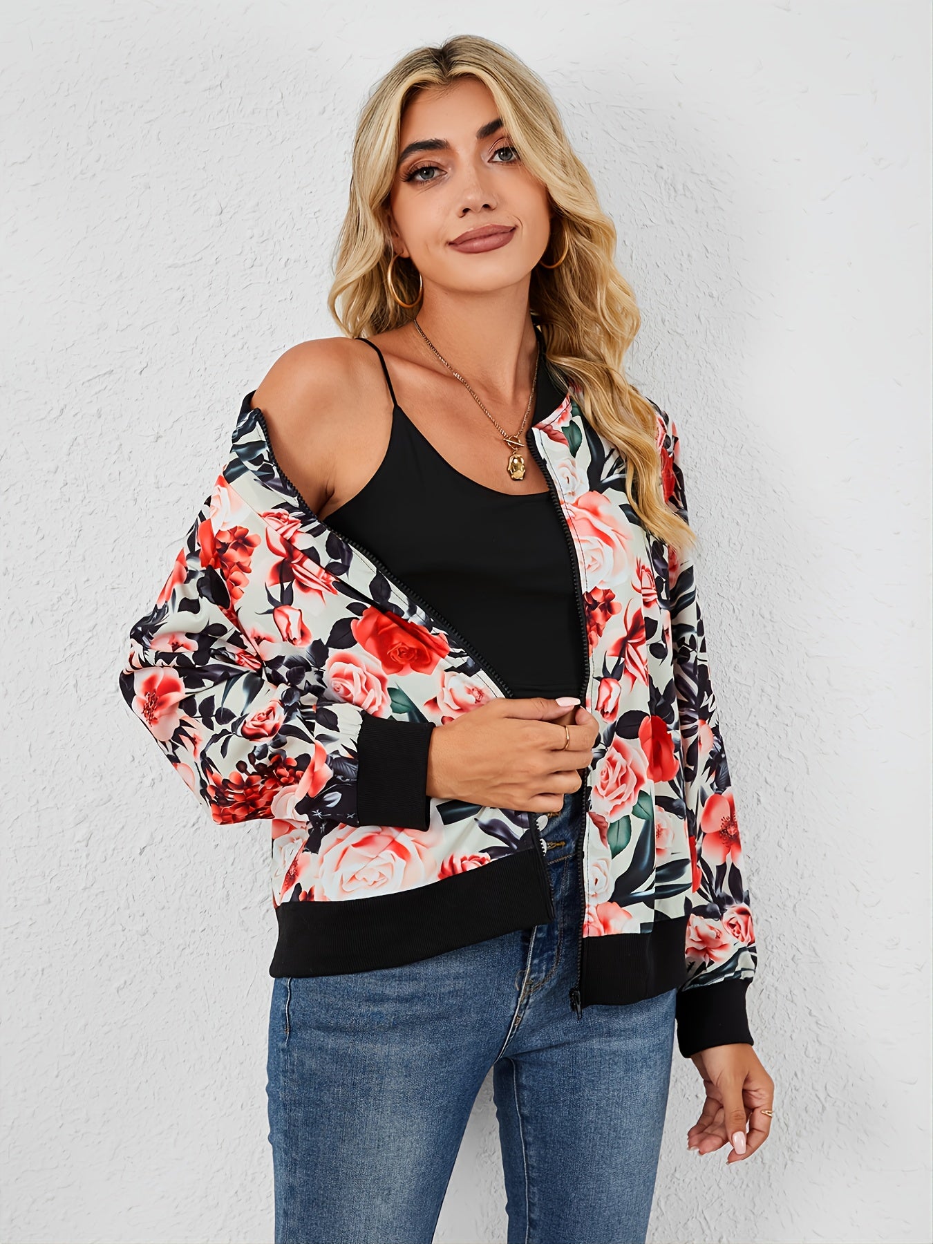 Vintage Floral Print Zipper Jacket Casual Long Sleeve Loose Outerwear