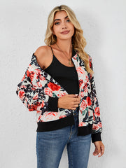 Vintage Floral Print Zipper Jacket Casual Long Sleeve Loose Outerwear