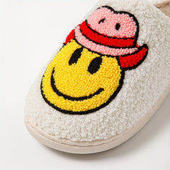 Women's Smile Face Printed Slippers Slip On Round Toe Non slip Home Fluffy Flat
