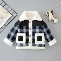 Boys Fleece Jacket Plaid Stitching Leather Winter Coat
