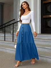 High Waist Tiered Skirts Button Front Maxi Skirts Women's Clothing