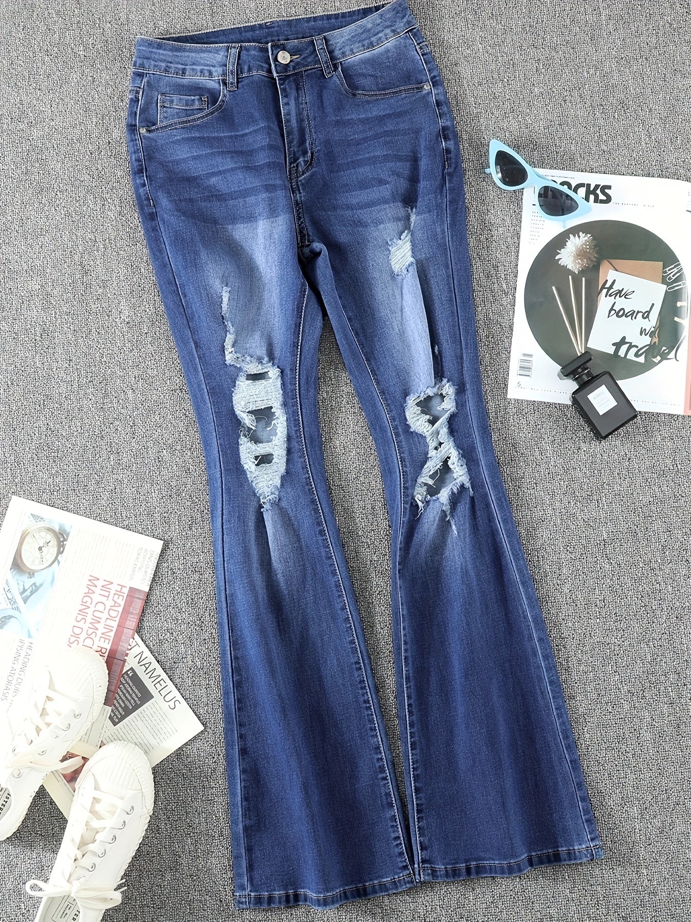 Ripped Holes Flare Jeans Mid Stretch Distressed Whiskered Bell Bottom Jeans
