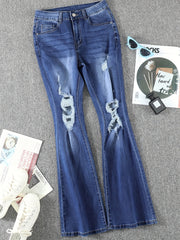 Ripped Holes Flare Jeans Mid Stretch Distressed Whiskered Bell Bottom Jeans