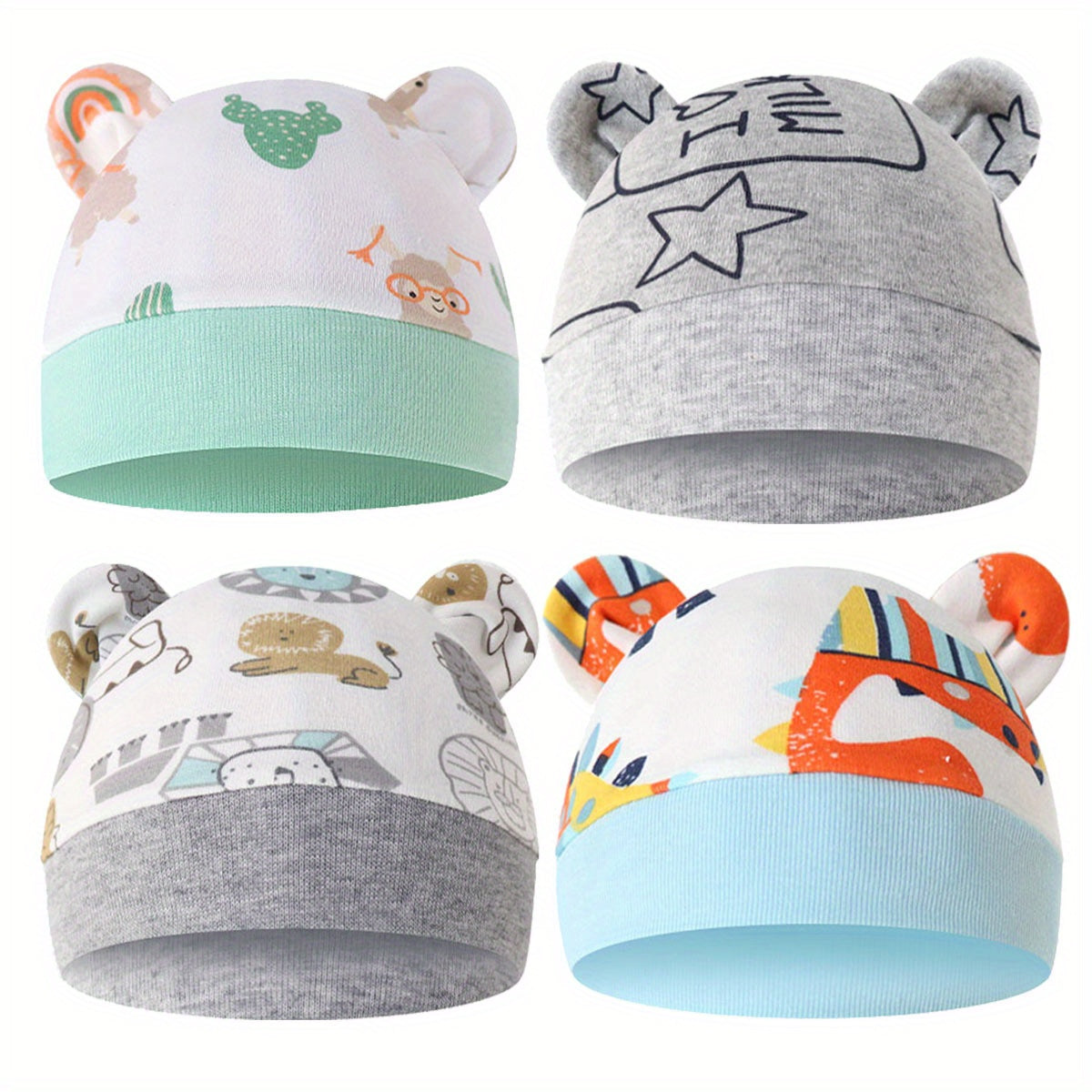 4 Pack Cartoon Ear Hats for Babies & Kids Soft & Breathable Comfort