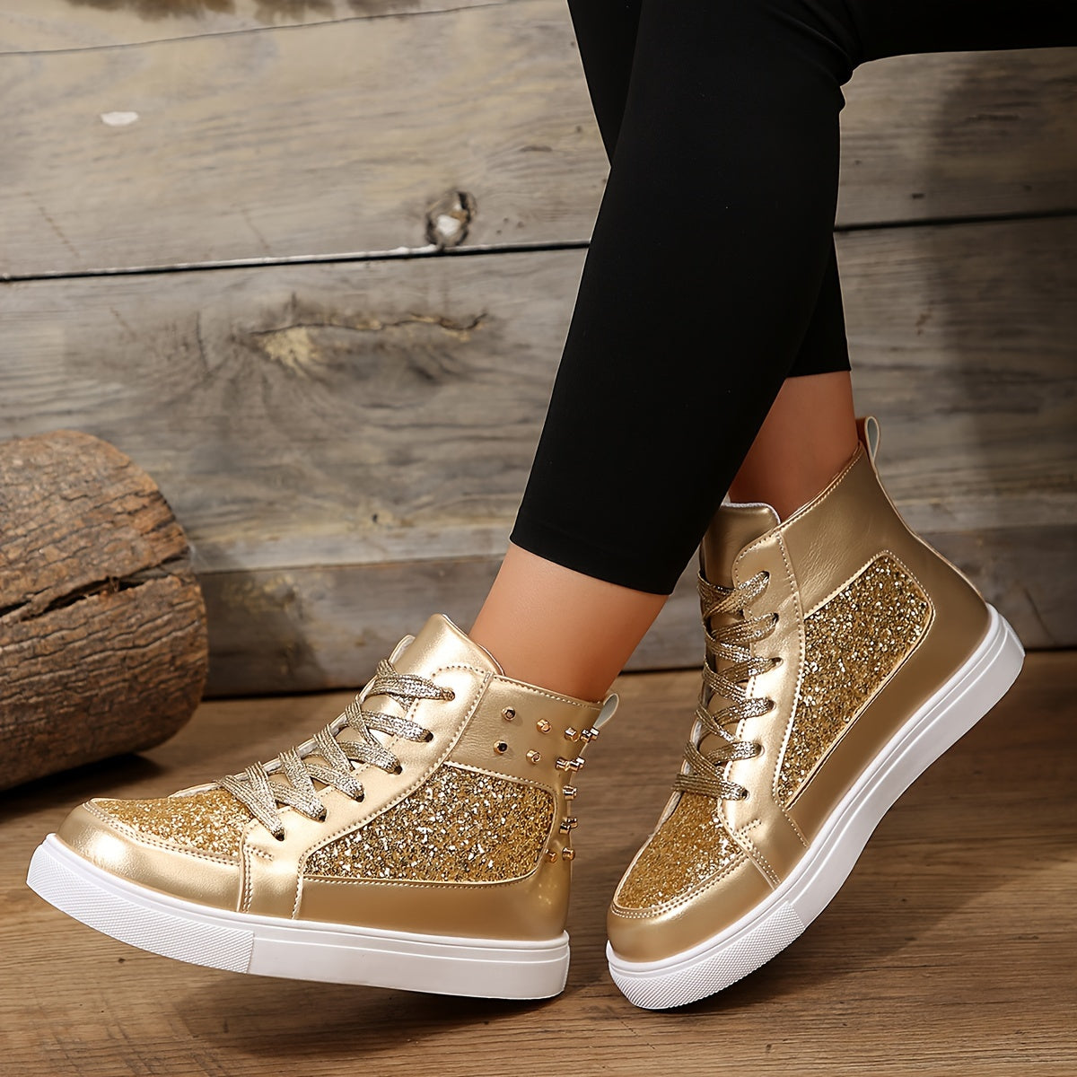 High Top Glitter Skate Shoes Sequins Decor Faux Leather Sneakers