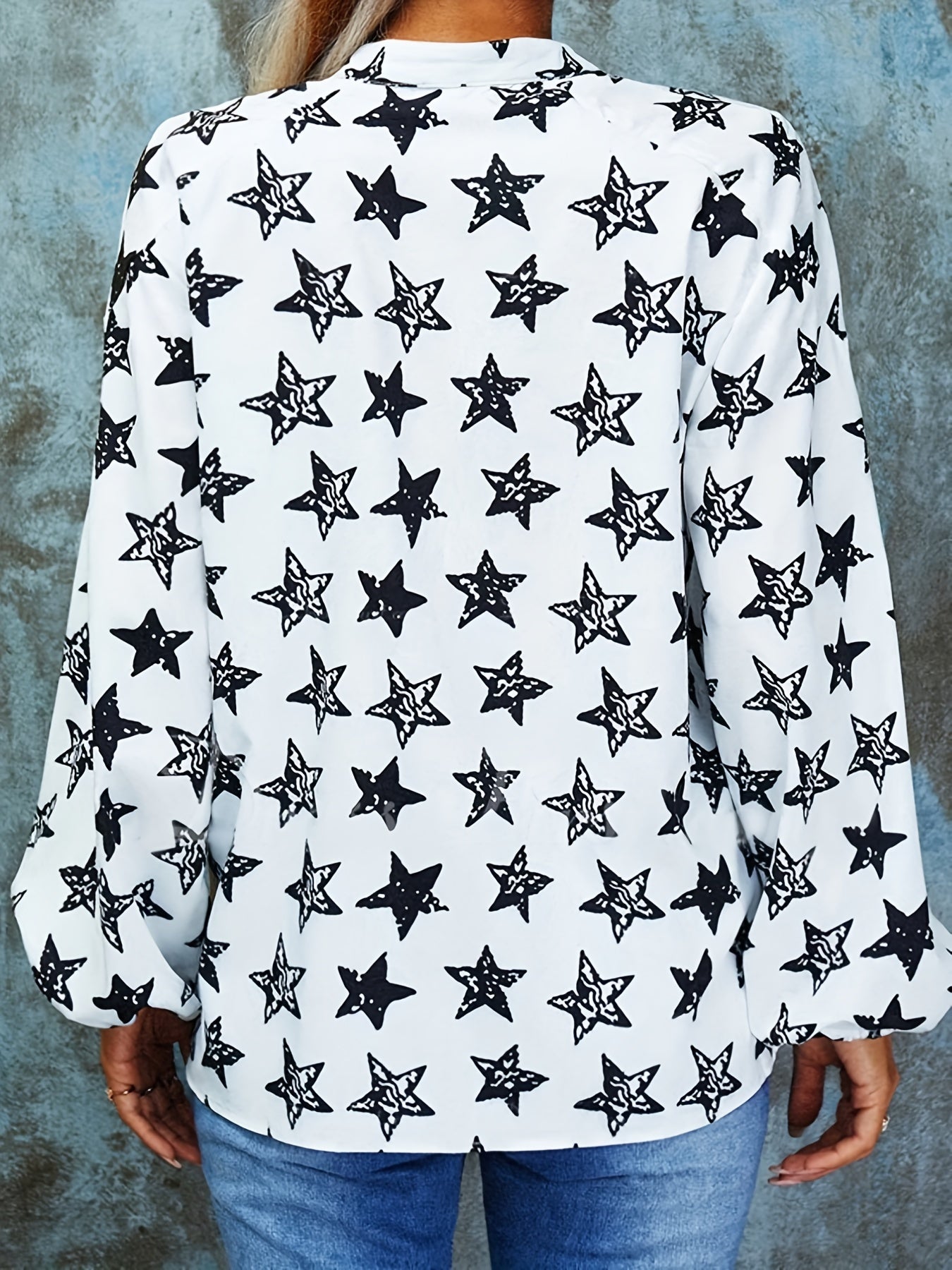 Star Print Button Up Lantern Sleeve Blouse