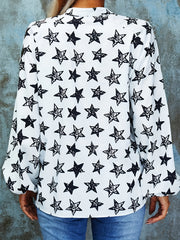 Star Print Button Up Lantern Sleeve Blouse