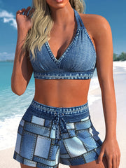 Denim Print Bikini Set Halter Bra & Tie Front Shorts Swimsuit
