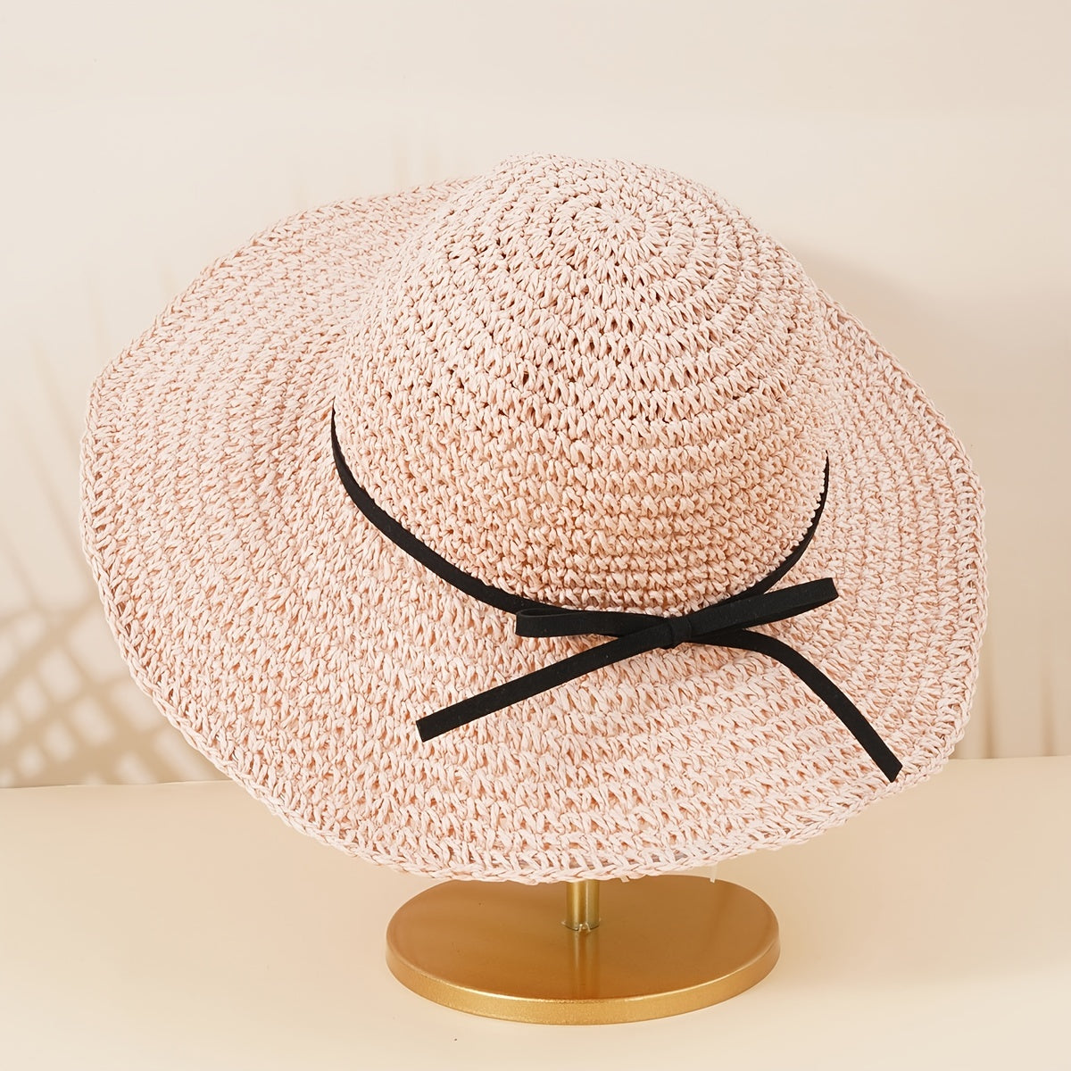 Boho Straw Hat with Thin Bow Tie for Beach Travel