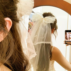 Double Layer Lace Bridal Veil with Large Satin Bow