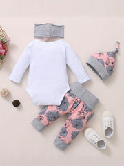 4pcs Baby Girls Long Sleeve Romper Bandana Hat Flowers Trousers Set