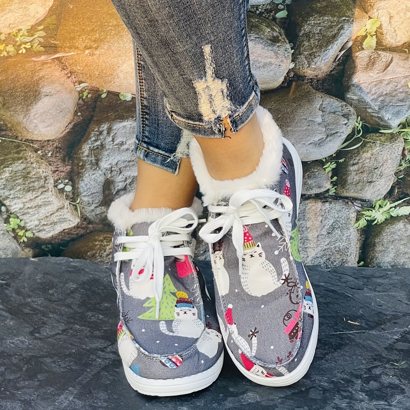 Christmas Tree & Cat Cartoon Pattern Women's Warm Flat Boots