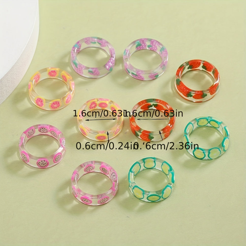 10pcs Girls Resin Fruit Rings Kids Birthday Gift