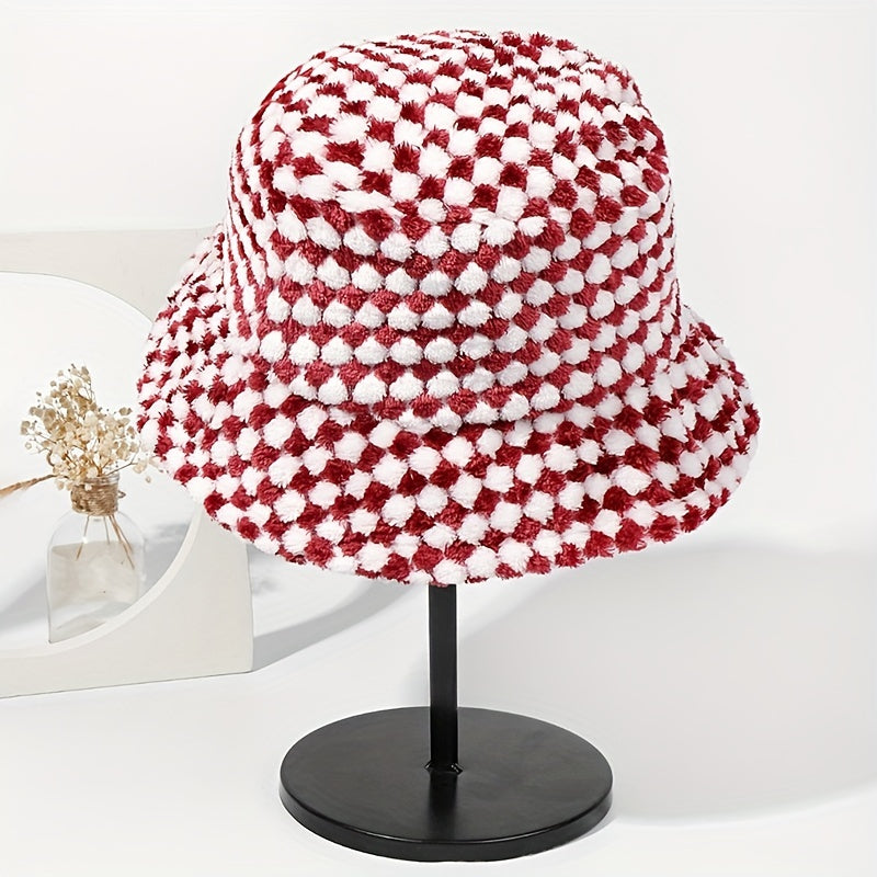 Plaid Plush Bucket Hat Lightweight Basin Hat Unisex Fisherman Hats