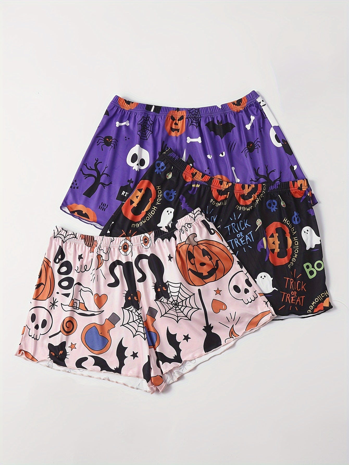 3 Pack Plus Size Y2K Halloween Pajama Bottoms Set: Pumpkin & Skull Print
