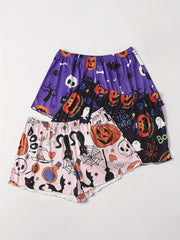 3 Pack Plus Size Y2K Halloween Pajama Bottoms Set: Pumpkin & Skull Print